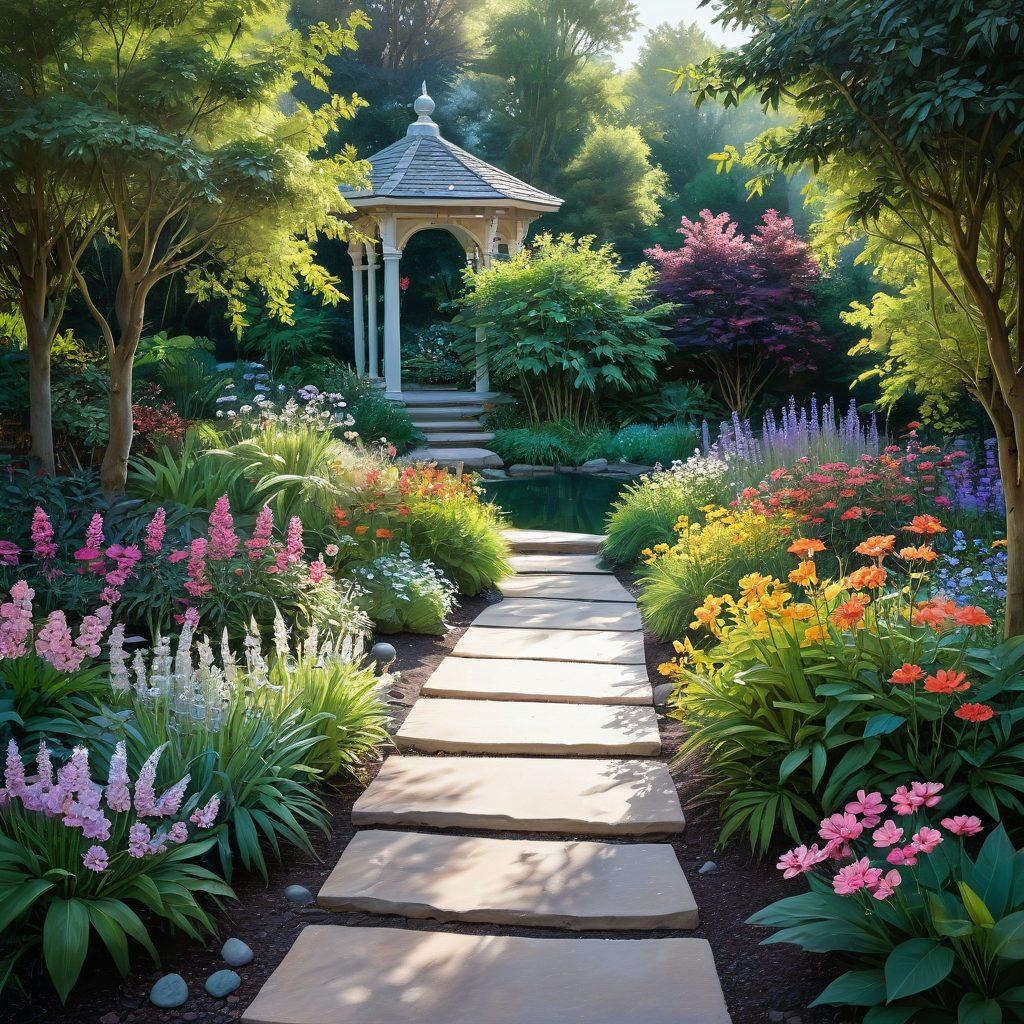 A serene landscape depicting a lush garden filled with vibrant flowers and a winding path leading to a tranquil meditation area. In the center, a glowing orb symbolizing spiritual energy radiates warmth, surrounded by gentle light reflecting on water. Ethereal figures meditating and practicing yoga add a sense of harmony and connection to nature. Include soft pastel colors to evoke peace and tranquility. painting. vibrant colors.