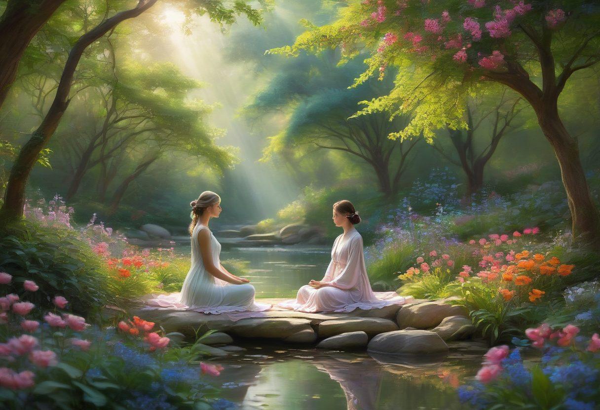 A serene and elegant scene depicting a figure meditating in a tranquil garden, surrounded by blooming flowers and soft sunlight filtering through graceful trees. The figure embodies spiritual devotion and charm, adorned in flowing garments that reflect grace. Incorporate elements of nature, such as butterflies and gentle streams, to enhance the atmosphere of tranquility and beauty. ethereal art style. vibrant colors. soft-focus background.
