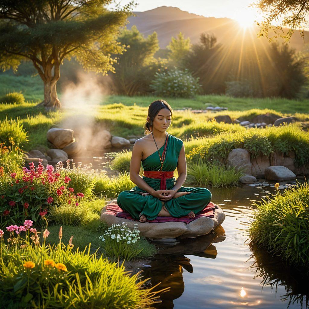 A serene landscape featuring a meditative figure sitting cross-legged on a soft, green meadow, surrounded by delicate blooming flowers and gentle flowing water, symbolizing tranquility and inner peace. The sun is setting, casting a warm golden hue over the scene, with ethereal light rays creating a sacred atmosphere. Include elements such as Tibetan bowls and incense smoke rising gracefully. super-realistic. vibrant colors. soft focus.